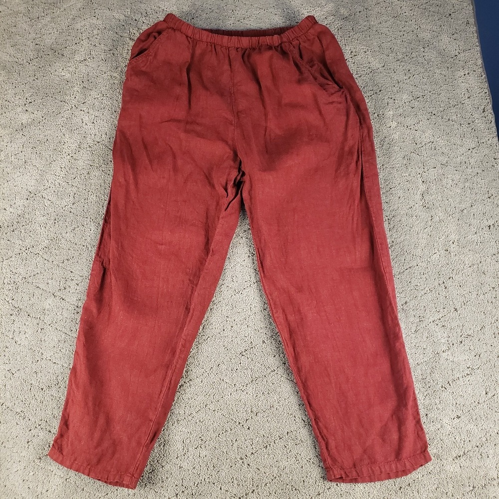 Match Point Pants Womens Medium Red Wide Leg 100% Linen Flowy Lagenlook LP160